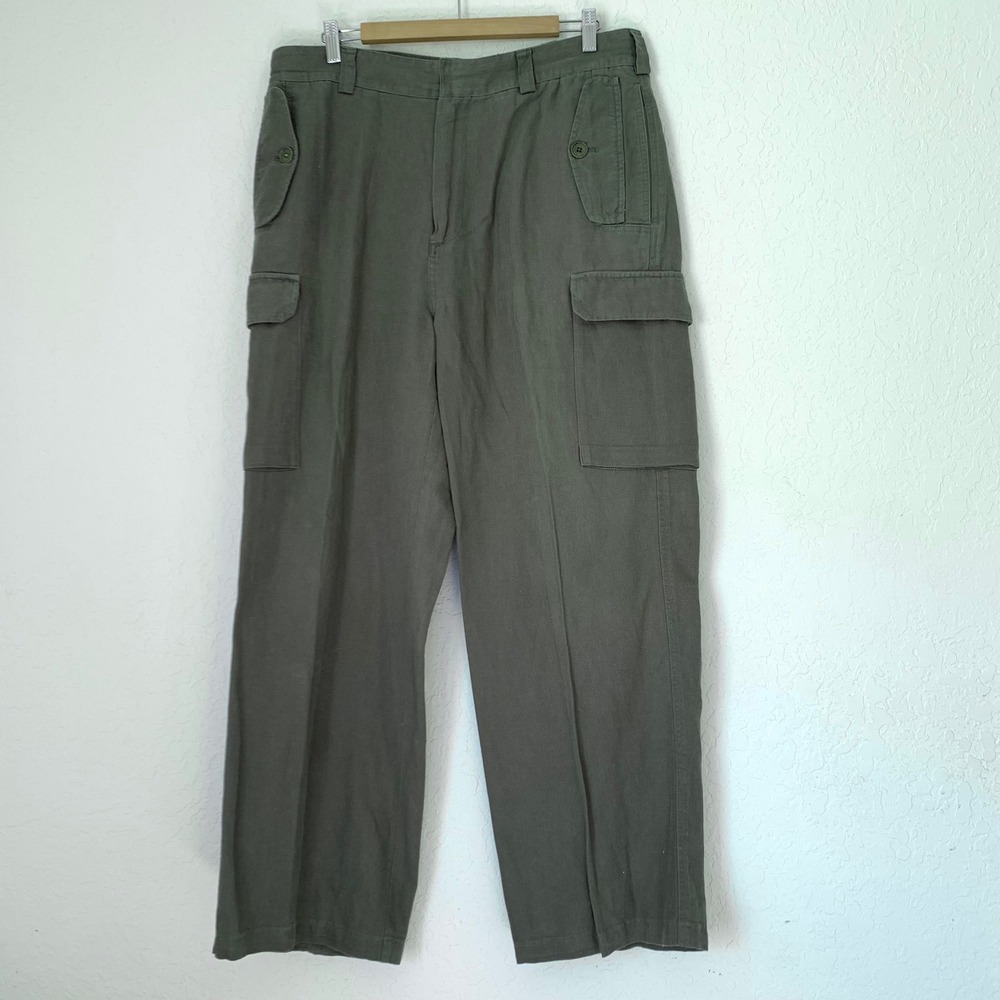Vintage Y2K DKNY Cargo Pants Men 36 Olive Linen Grunge Military Gorpcore Utility